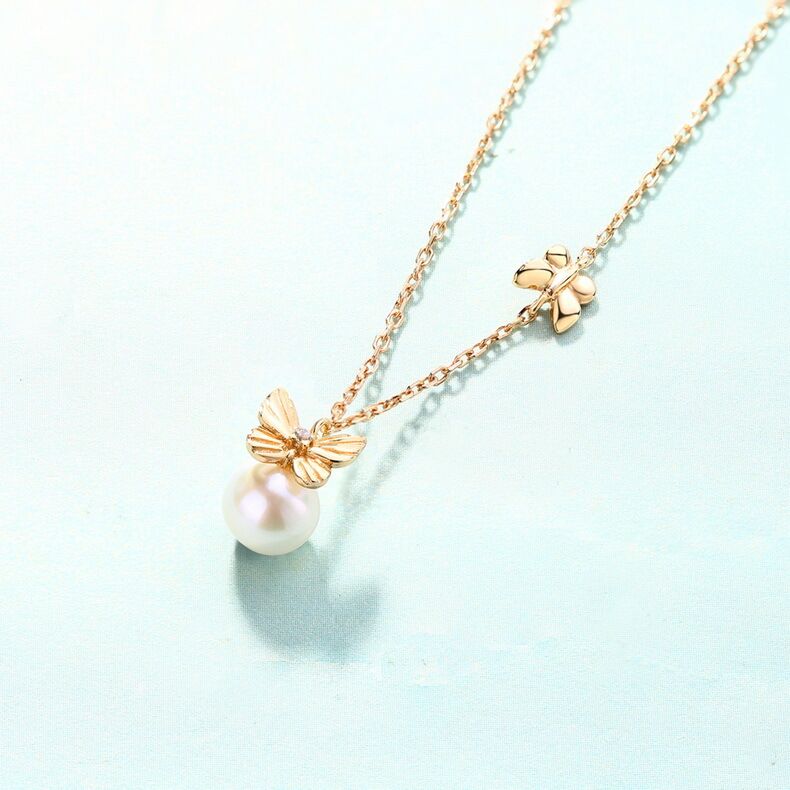 Pearl S925 Sterling Silver Bow Necklace with 9k Yellow Gold Plating